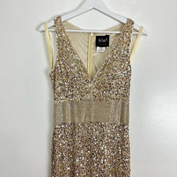 MAC DUGGAL Sequined Sleeveless V Neck Column Gown in Nude Gold Size US 2 - Picture 6 of 16